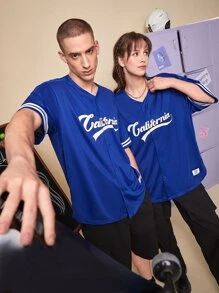 Manfinity 1pc Letter Graphic Contrast Trim Button Front Shirt - Royal Blue - View 6