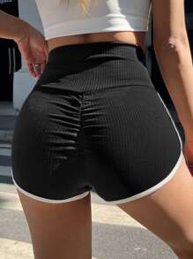 SHEIN EZwear 撞色滾邊緊縮褶皺臀部短褲 - 黑色 - 查看 2