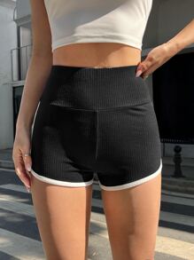 SHEIN EZwear 撞色滾邊緊縮褶皺臀部短褲 - 黑色 - 查看 4