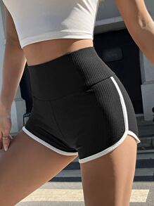 SHEIN EZwear 撞色滾邊緊縮褶皺臀部短褲 - 黑色 - 查看 6