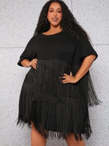 SHEIN CURVE+ Plus Fringe Trim Batwing Sleeve Dress - Black - View 7
