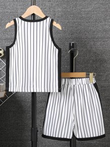 男孩條紋和字母圖案撞色滾邊背心上衣和短褲 - 白色 - 查看 2