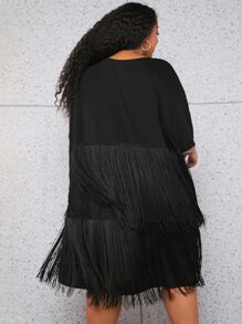 SHEIN CURVE+ Plus Fringe Trim Batwing Sleeve Dress - Black - View 2