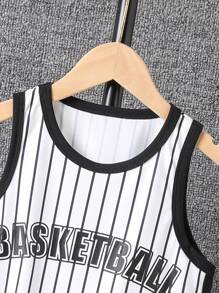 男孩條紋和字母圖案撞色滾邊背心上衣和短褲 - 白色 - 查看 4