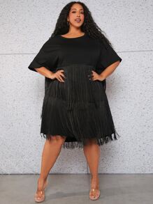 SHEIN CURVE+ Plus Fringe Trim Batwing Sleeve Dress - Black - View 3