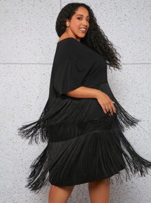 SHEIN CURVE+ Plus Fringe Trim Batwing Sleeve Dress - Black - View 4