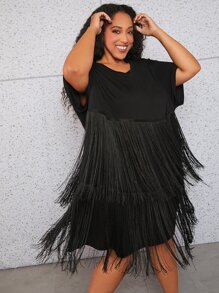 SHEIN CURVE+ Plus Fringe Trim Batwing Sleeve Dress - Black - View 5