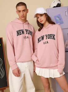 Manfinity 1pc Letter Graphic Drop Shoulder Drawstring Hoodie - Coral Pink - View 1