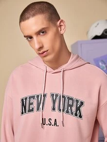 Manfinity 1pc Letter Graphic Drop Shoulder Drawstring Hoodie - Coral Pink - View 4