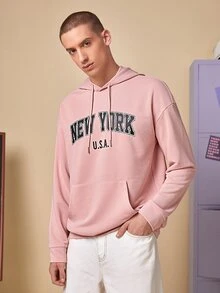 Manfinity 1pc Letter Graphic Drop Shoulder Drawstring Hoodie - Coral Pink - View 6