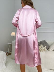 Shawl Collar Contrast Lace Belted Satin Robe - Baby Pink - View 2