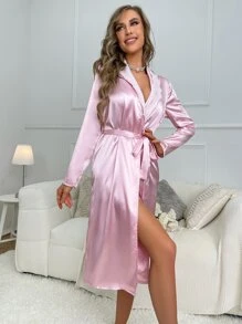 Shawl Collar Contrast Lace Belted Satin Robe - Baby Pink - View 5