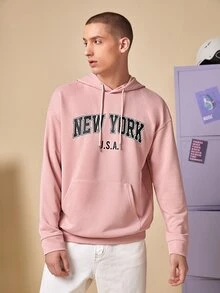 Manfinity 1pc Letter Graphic Drop Shoulder Drawstring Hoodie - Coral Pink - View 7