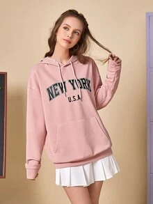 Manfinity 1pc Letter Graphic Drop Shoulder Drawstring Hoodie - Coral Pink - View 8