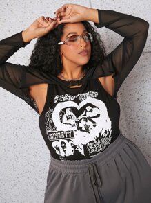 SHEIN CURVE+ Plus Mesh Buckles Shrug Crop Top - Black - View 1