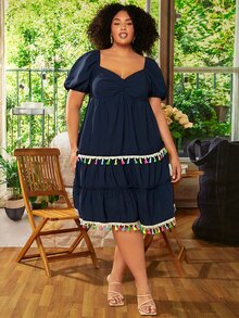 SHEIN CURVE+ Vestido escote corazón de manga farol pecho con fruncido ribete con fleco bajo con fruncido - Azul Marino - Ver 2