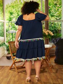 SHEIN CURVE+ Vestido escote corazón de manga farol pecho con fruncido ribete con fleco bajo con fruncido - Azul Marino - Ver 3