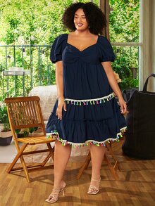 SHEIN CURVE+ Vestido escote corazón de manga farol pecho con fruncido ribete con fleco bajo con fruncido - Azul Marino - Ver 5