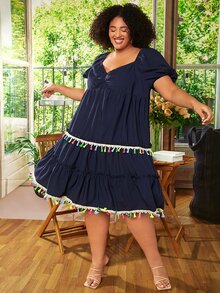 SHEIN CURVE+ Vestido escote corazón de manga farol pecho con fruncido ribete con fleco bajo con fruncido - Azul Marino - Ver 7