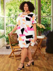 SHEIN CURVE+ Plus Geo Print Tunic Dress - Multicolor - View 5