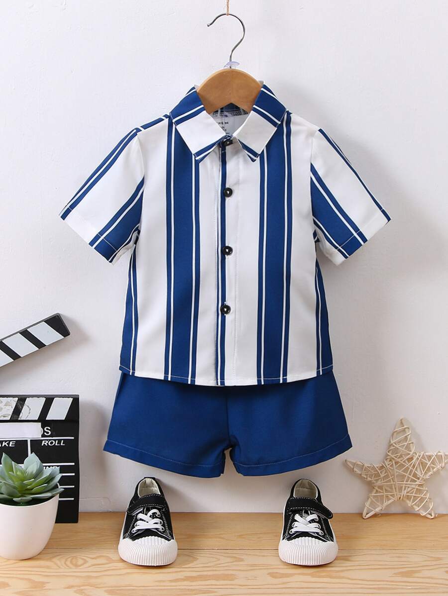 2pcs/Set Baby Boy Elegant College Style Vacation Gentleman Striped Shirt And Shorts Set - Blue and White - View 1