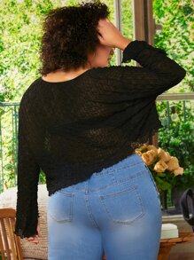 SHEIN CURVE+ Plus Drop Shoulder Lettuce Trim Top Without Bra - Black - View 3