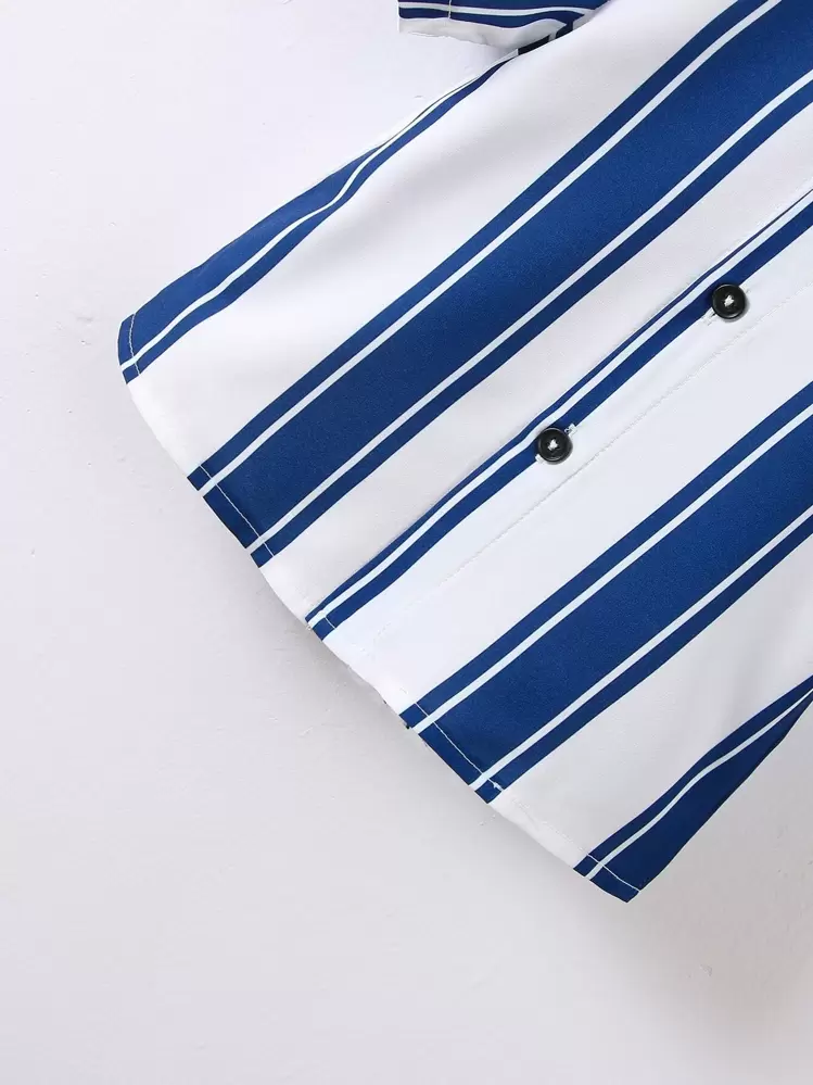 2pcs/Set Baby Boy Elegant College Style Vacation Gentleman Striped Shirt And Shorts Set - Blue and White - View 4