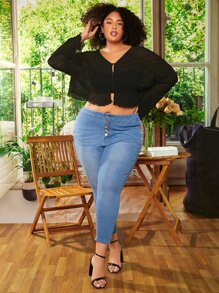 SHEIN CURVE+ Plus Drop Shoulder Lettuce Trim Top Without Bra - Black - View 4