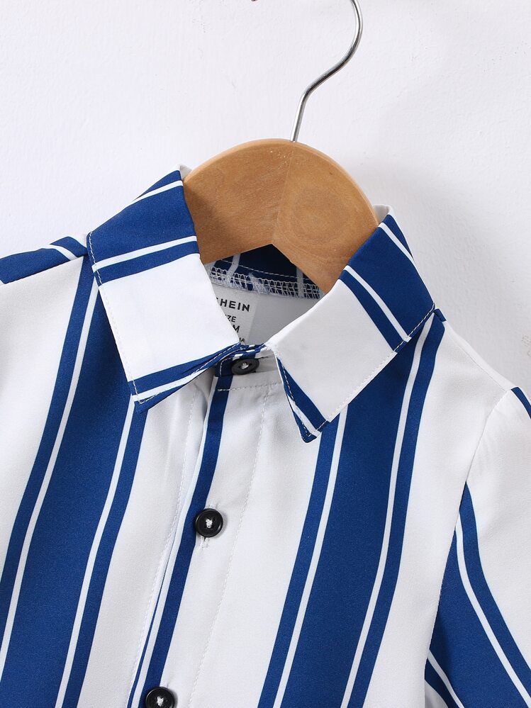 2pcs/Set Baby Boy Elegant College Style Vacation Gentleman Striped Shirt And Shorts Set - Blue and White - View 7