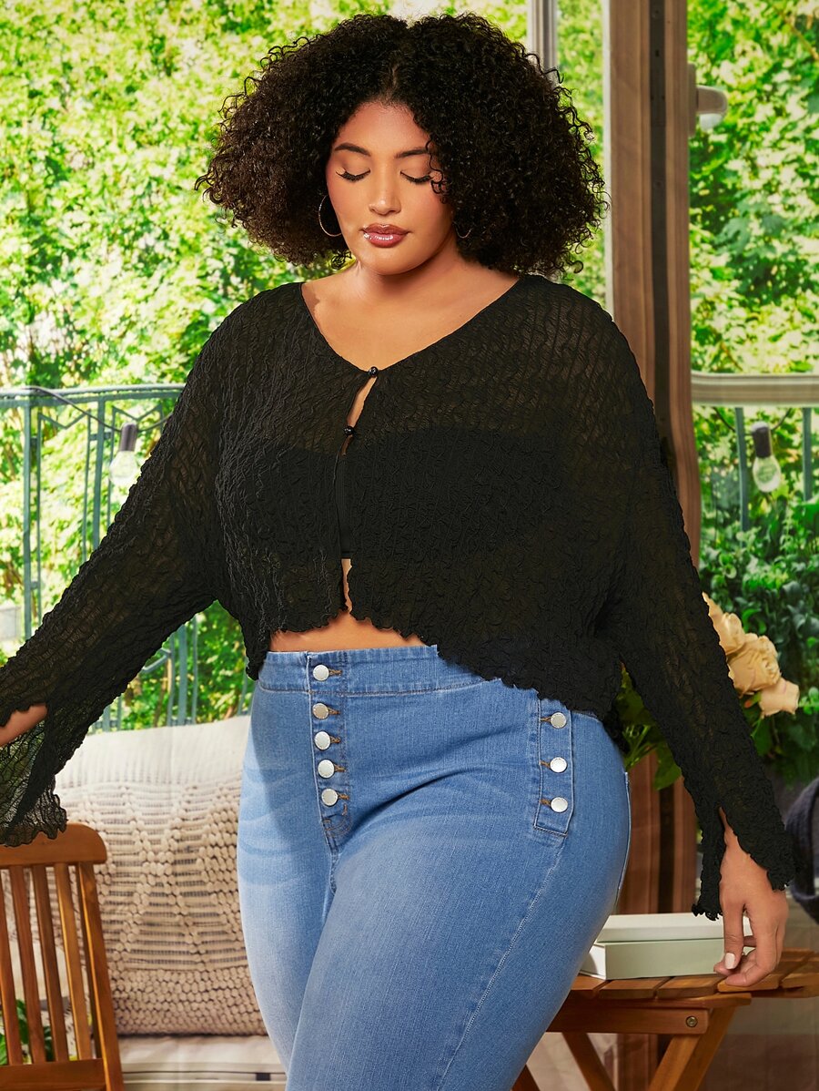 SHEIN CURVE+ Plus Drop Shoulder Lettuce Trim Top Without Bra - Black - View 1