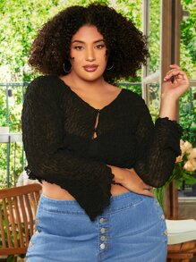 SHEIN CURVE+ Plus Drop Shoulder Lettuce Trim Top Without Bra - Black - View 6