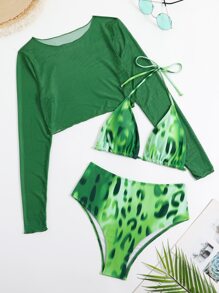 3packs Leopard Halter Triangle High Waist Summer Beach Bikini Set - Green - View 5