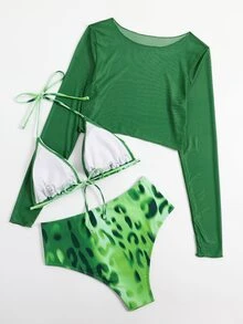3packs Leopard Halter Triangle High Waist Summer Beach Bikini Set - Green - View 4