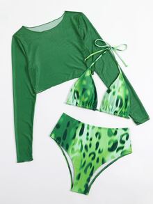 3packs Leopard Halter Triangle High Waist Summer Beach Bikini Set - Green - View 3