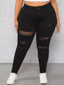 SHEIN CURVE+ Jeans ajustados desgarro crudo - Negro - Ver 1