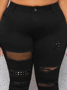 SHEIN CURVE+ Jeans ajustados desgarro crudo - Negro - Ver 3