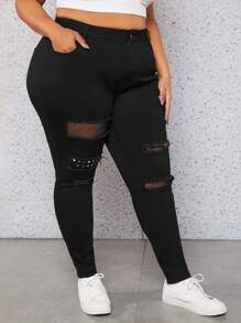 SHEIN CURVE+ Jeans ajustados desgarro crudo - Negro - Ver 6