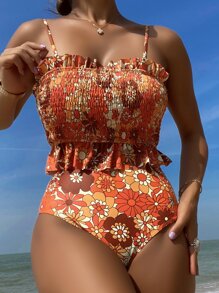 SHEIN Swim Tankini con estampado floral, cinturilla de volantes y fruncido para el verano y la playa - Multicolor - Ver 1