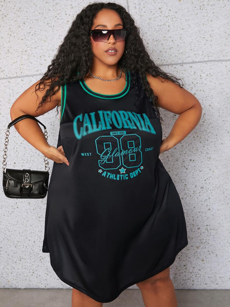 SHEIN CURVE+ 大碼字母圖案拼接邊弧形下擺背心連衣裙 - 黑色 - 查看 1