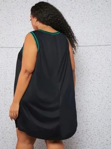 SHEIN CURVE+ 大碼字母圖案拼接邊弧形下擺背心連衣裙 - 黑色 - 查看 3