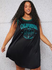 SHEIN CURVE+ 大碼字母圖案拼接邊弧形下擺背心連衣裙 - 黑色 - 查看 5