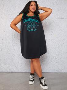 SHEIN CURVE+ 大碼字母圖案拼接邊弧形下擺背心連衣裙 - 黑色 - 查看 6