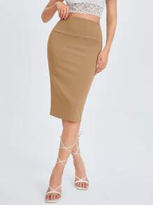 SHEIN PETITE High Waist Pencil Skirt - Khaki - View 1