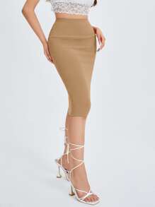 SHEIN PETITE High Waist Pencil Skirt - Khaki - View 3