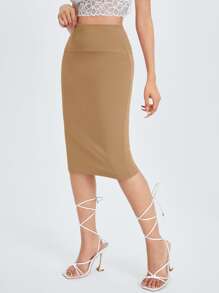 SHEIN PETITE High Waist Pencil Skirt - Khaki - View 4
