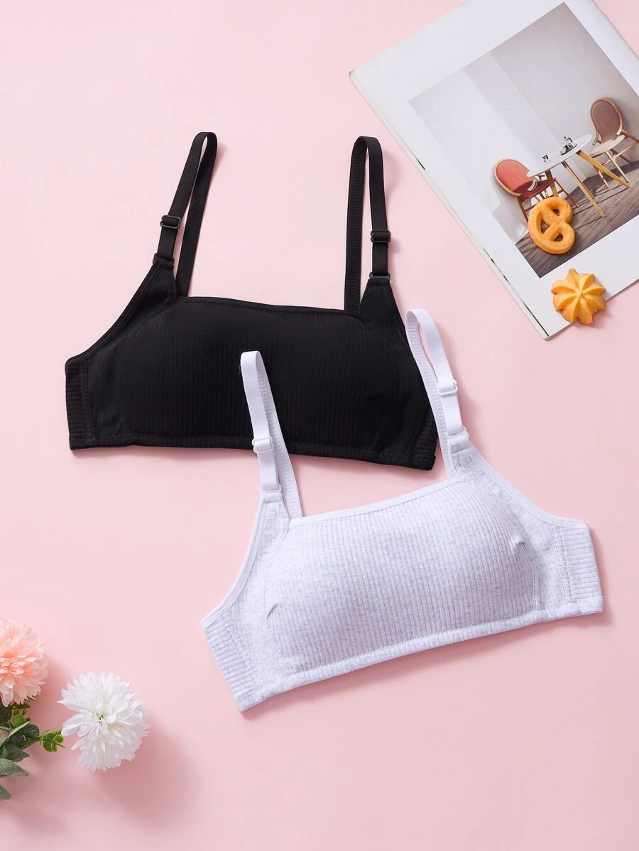 Girls 2pcs Solid Cami Bralet - Black and White - View 1