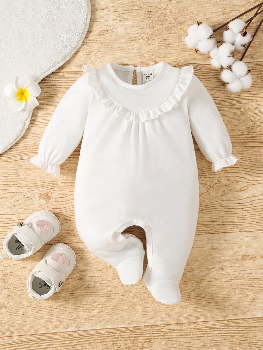 嬰兒荷葉邊荷葉袖連身褲 - 白色 - 查看 1