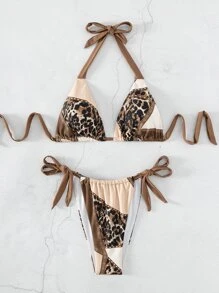 Leopard Halter Triangle Tie Side Summer Beach Bikini Set - Multicolor - View 3