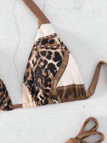 Leopard Halter Triangle Tie Side Summer Beach Bikini Set - Multicolor - View 5