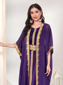 Al Najma Contrast Applique Dolman Sleeve Abaya - Purple - View 4